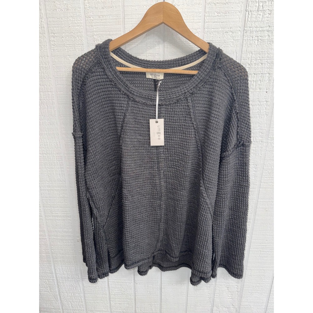 Umgee Waffle Knit Top Women Charcoal Grey Raw Edge Thermal Relaxed Large